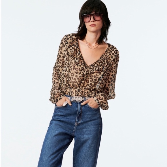 Zara Leopard Print Cropped Blouse - Picture 1 of 3